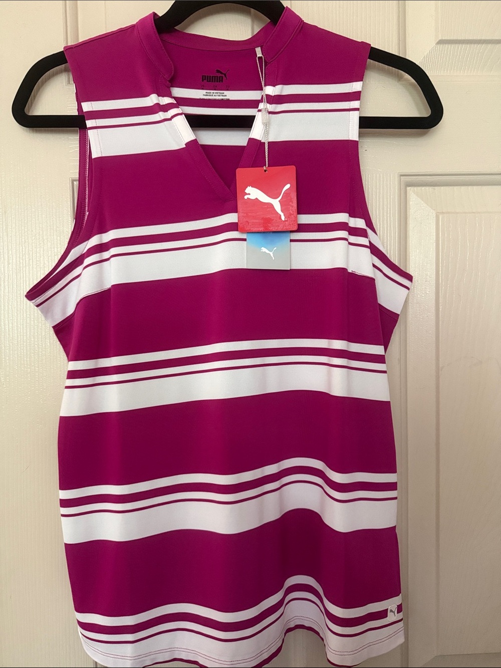 Puma Sleeveless Striped Performance Golf Top in Fuchsia & White - M - NWT